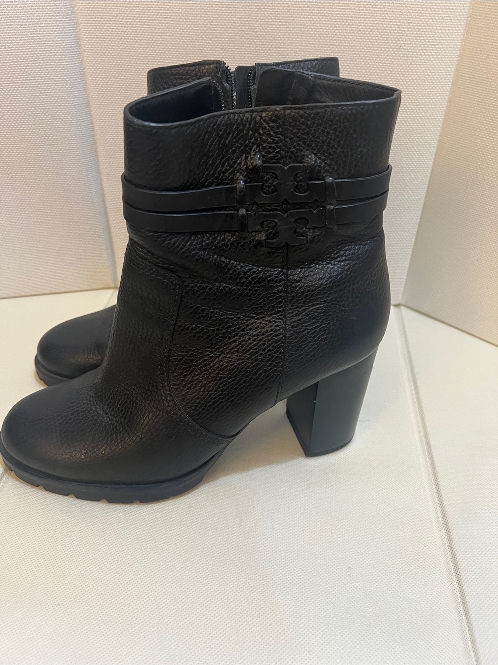Tory Burch Black Leather Heel Ankle Boots with Logo Strap